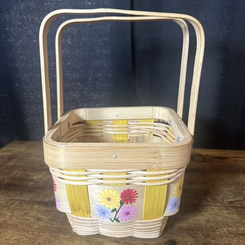 Painted Basket Double Hinge Handles Split Light Color Wood Floral Easter Spring